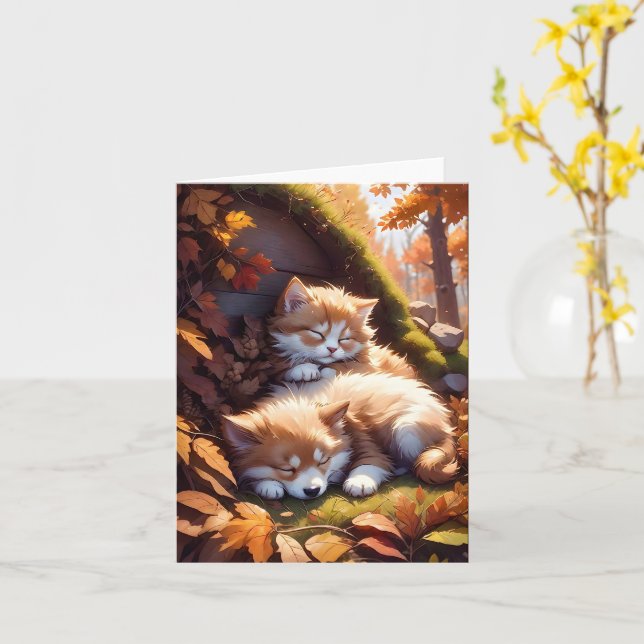 Kitten Chien Endormi Feuilles D'automne Carte De V (Fleur jaune)