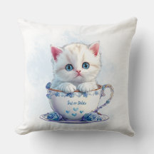 Kitten en Coupe Fleurs Bleues Jeter Oreiller