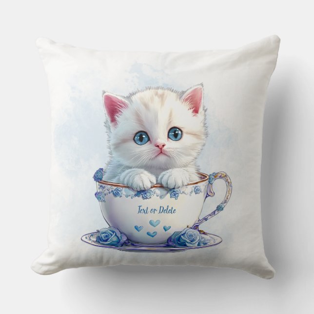 Kitten en Coupe Fleurs Bleues Jeter Oreiller (Recto)
