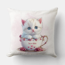 Kitten en Coupe Fleurs roses Jeter Oreiller