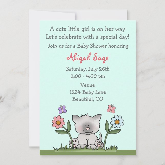 Kitten, Fleurs et Papillons Baby shower Invitation (Devant)