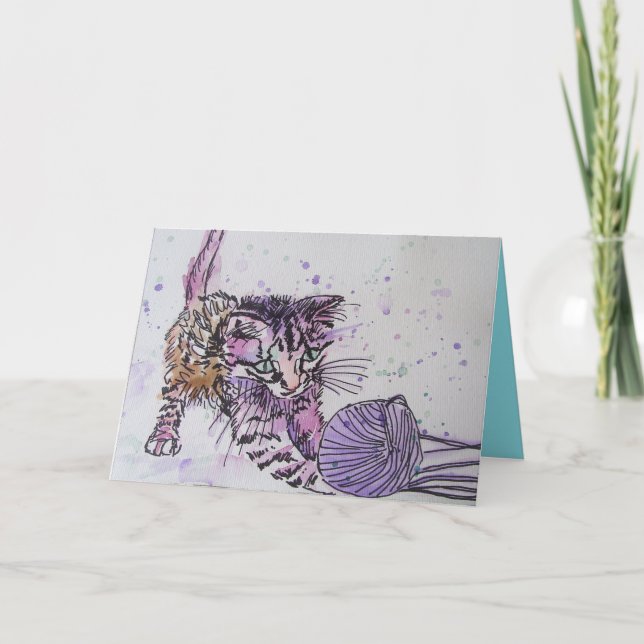 Kitten Jouer Avec Laine Aquarelle Carte Anniversai (Devant)