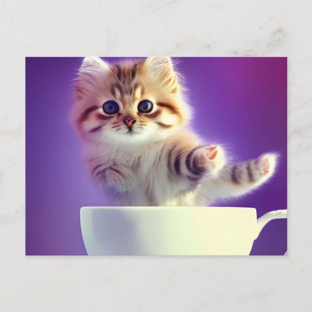 Kitten Jumping dans une tasse - Carte postale de c (Devant)