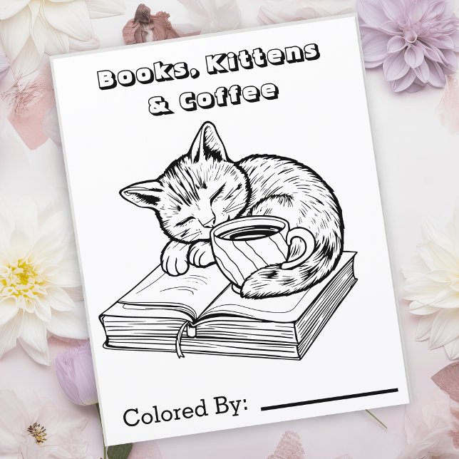 Kitten, livres et café | Page Color Me (Créateur téléchargé)