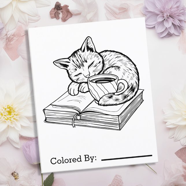Kitten, livres et café | Page Color Me (Créateur téléchargé)
