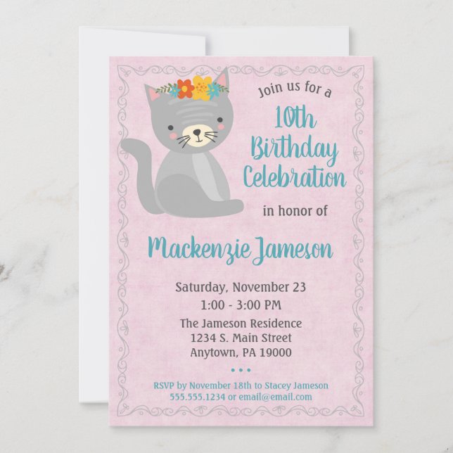 Kitten rose Invitation Anniversaire Filles Kitty C (Devant)