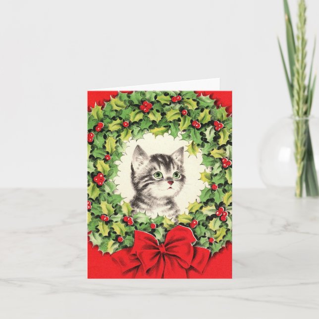Kitten vintage en couronne Carte de Noël (Devant)