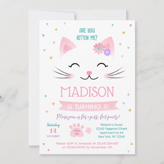 Kitty Cat Kitten Invitations pour l'anniversaire d (Devant)