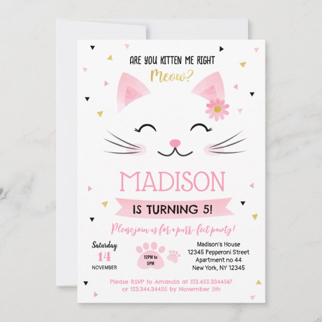 Kitty Cat Kitten Invitations pour l'anniversaire d (Devant)
