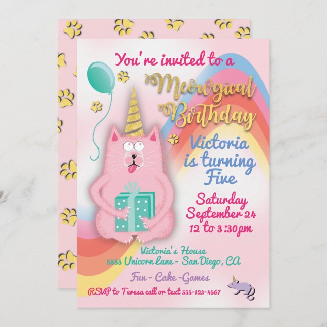 Kitty cat unicorne invitation fête d'anniversaire (Devant / Derrière)