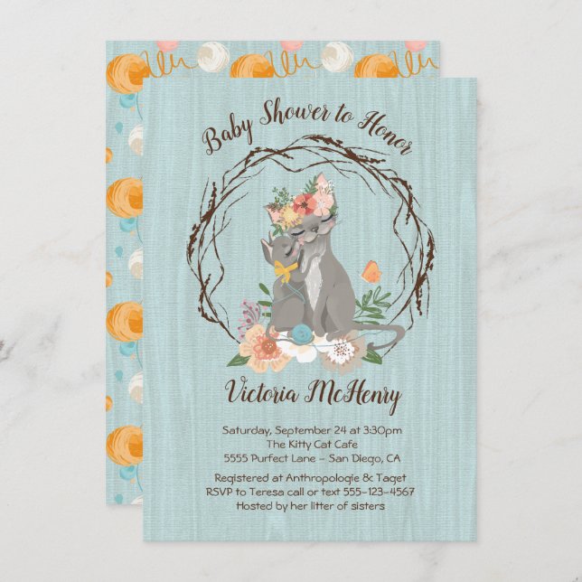 Kitty Chat chaton et Momma Baby shower Invitations (Devant / Derrière)