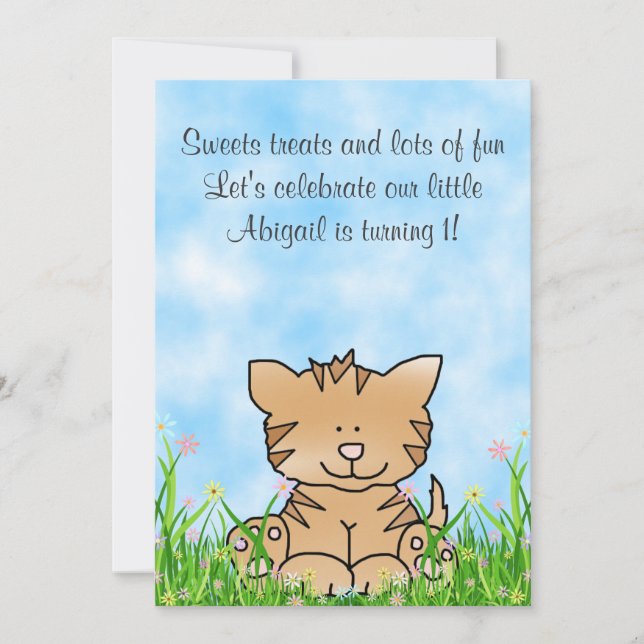 Kitty Chat et Fleurs 1er Anniversaire Invitation (Devant)