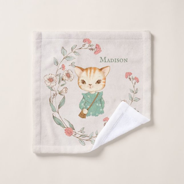 Kitty Chat Floral Nom personnalisé Girly Kitten (Gant de toilette)