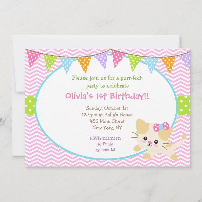 Kitty Chat Invitations d'anniversaire pour fille (Devant)