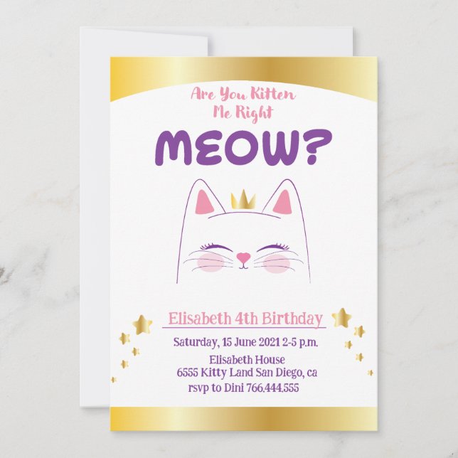 Kitty Chat Rose or Anniversaire Fête Invitation (Devant)