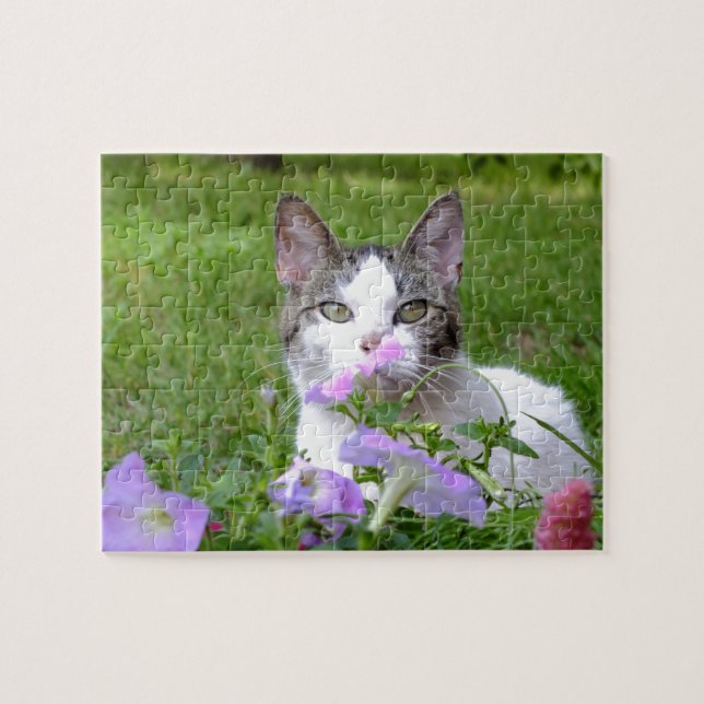 Kitty dans le puzzle Petunias (Horizontal)