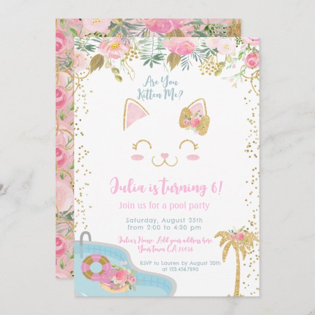 Kitty Pool Party Invitation (Devant / Derrière)