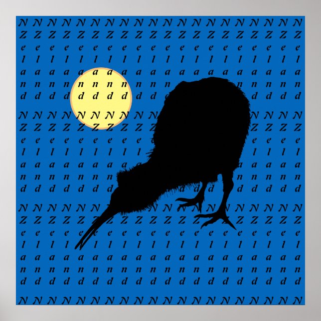Kiwi Bird, Moon & New Zealand text /Bro Posters (Devant)