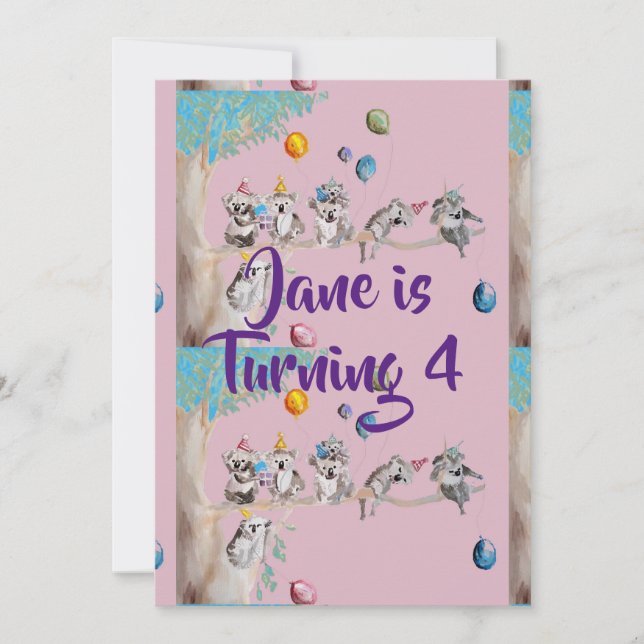Koala Art Watercolor Girls Invitation Anniversaire (Devant)