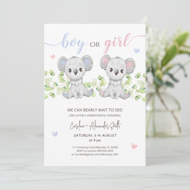 Koala Bear Genre Reveal Party Invitation (Debout devant)
