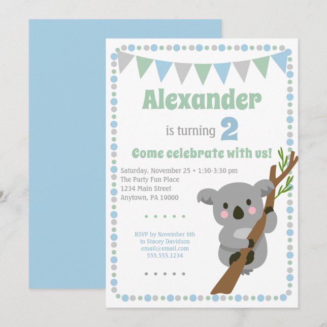 Koala Bear Invitation Cute Boy Anniversaire (Devant / Derrière)