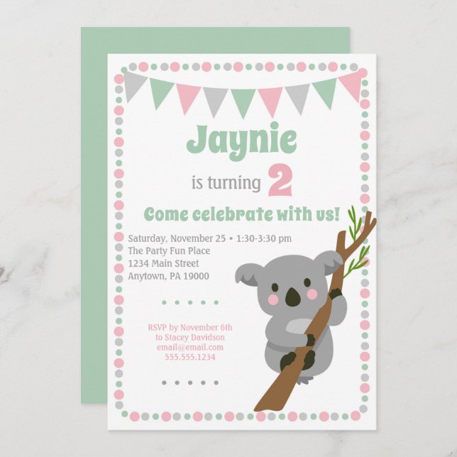 Koala Bear Invitation mignonne fête d'anniversaire (Devant / Derrière)