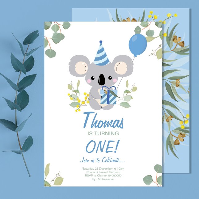Koala Boy Premier anniversaire Invitation bleue (Créateur téléchargé)