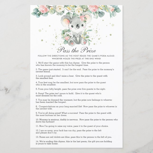 Koala Floral Greenery Baby Shower Pass the Prize  (Devant)