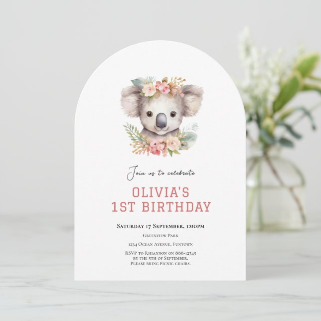 Koala mignonne invitation pour premier anniversair (Debout devant)