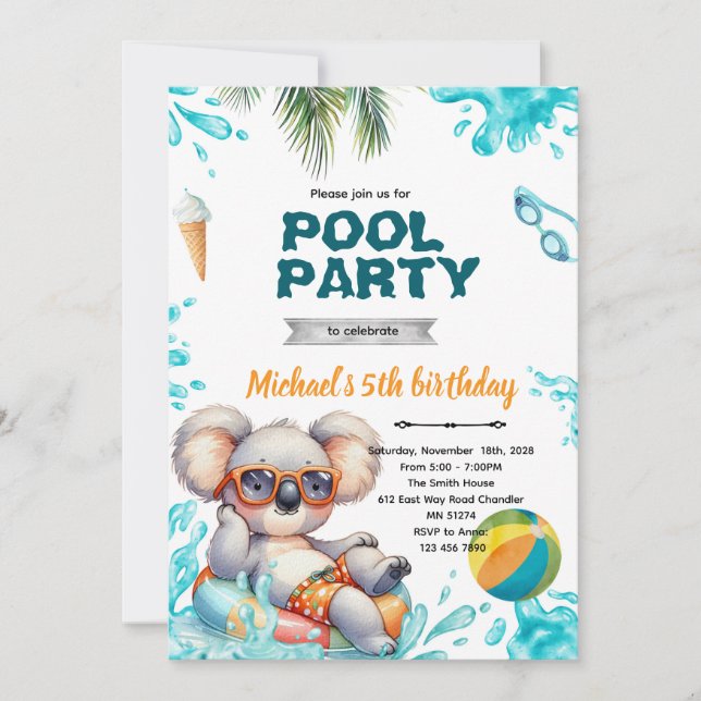 Koala Pool Party Birthday Invitation (Devant)