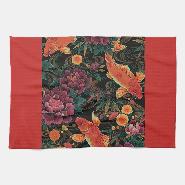 Koi et serviettes de cuisine de pivoines (Horizontal)