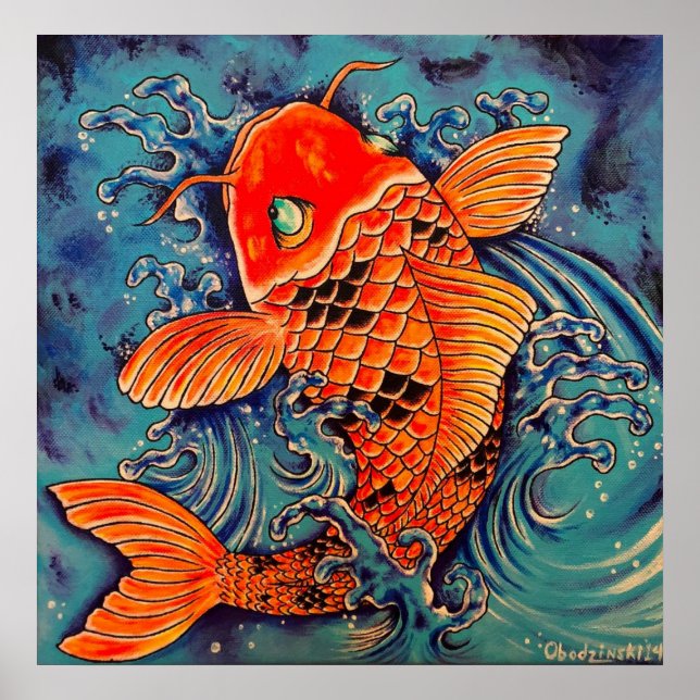 “Koi Fish” Tattoo Style Art Poster Print (Devant)