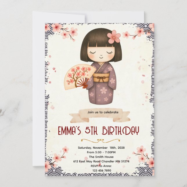 Kokeshi Doll birthday party invitation (Devant)