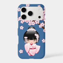 Kokeshi Doll en kimono rose sur fond bleu