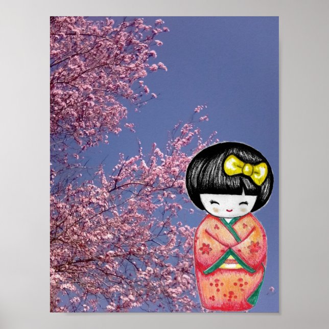 Kokeshi Doll Sakura Cherry Blossoms Poster Imprime (Devant)