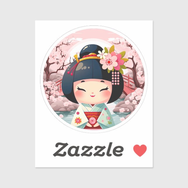 Kokeshi Poupée verte avec paysage, Sticker Kokeshi (Feuille)