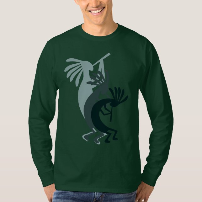 Kokopelli Obtient Musique Mens Green LS Tshirt (Devant)