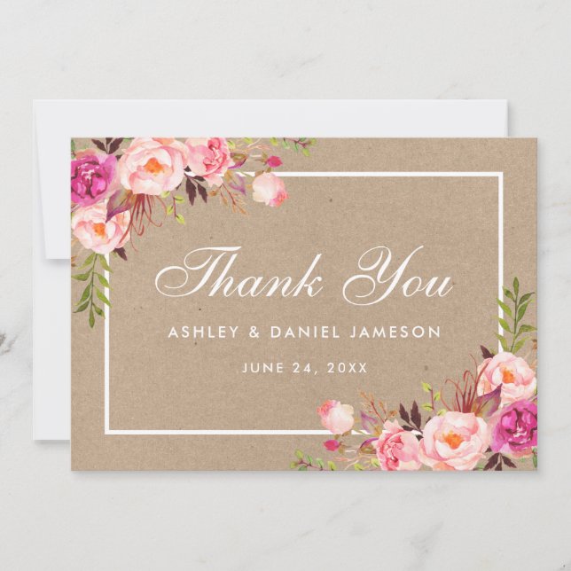 Kraft Aquarelle Floral rose Blush Mariage Merci (Devant)
