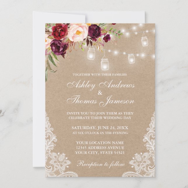 Kraft Bourgogne Floral Lace Lights Mariage Invitat (Devant)