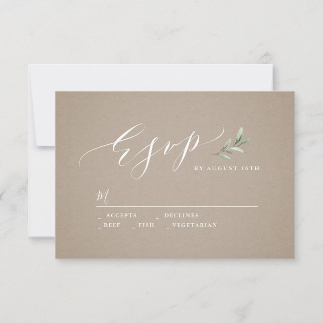 Kraft calligraphie rustique mariage vert RSVP (Devant)