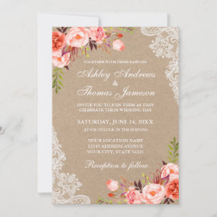 Kraft Coral Floral Dentelle Invitation