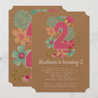 Kraft Girls Floral 2e Invitation de fête d'anniver