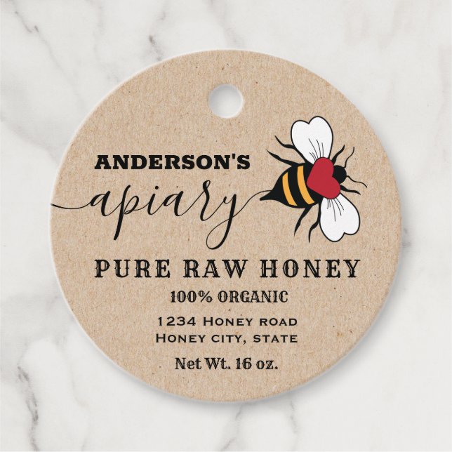 Kraft heart Bee script apiary miel bocal étiquette (Devant)