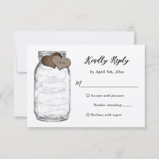 Kraft Mason Coeurs Jar Lumières Mariage Carte RSVP (Devant)