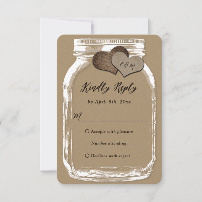 Kraft Papier Mason Jar Deux Coeurs Mariage RSVP (Devant)