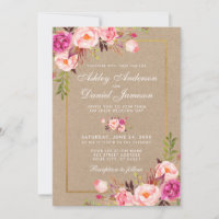 Kraft Pink Blush Floral Gold Wedding Invitation