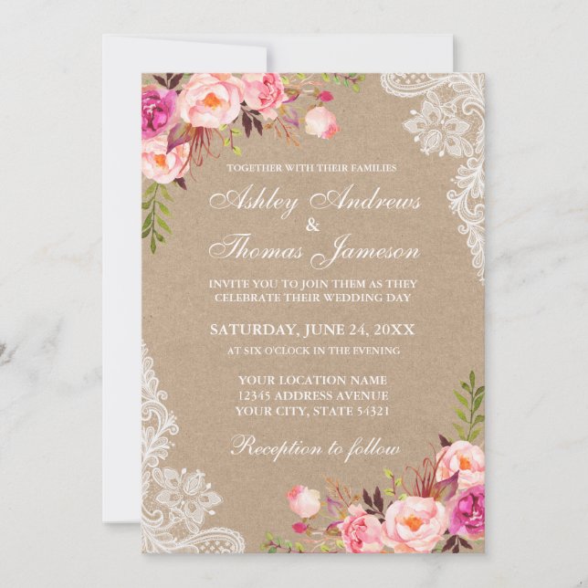 Kraft Pink Blush Floral Lace Wedding Invitation (Devant)