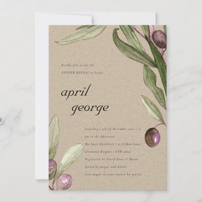 KRAFT RETRO OLIVE FOLIAGE HOMME INVITATION (Devant)