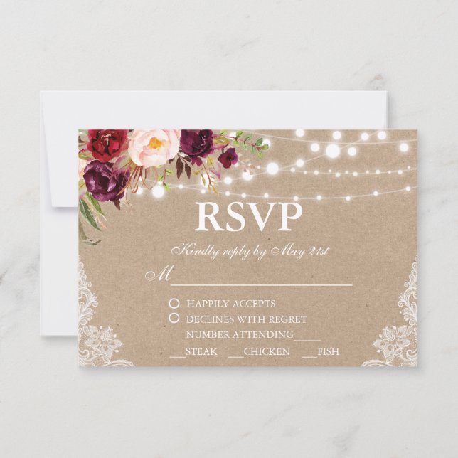 Kraft rustique mariage dentelle florale RSVP avec  (Devant)