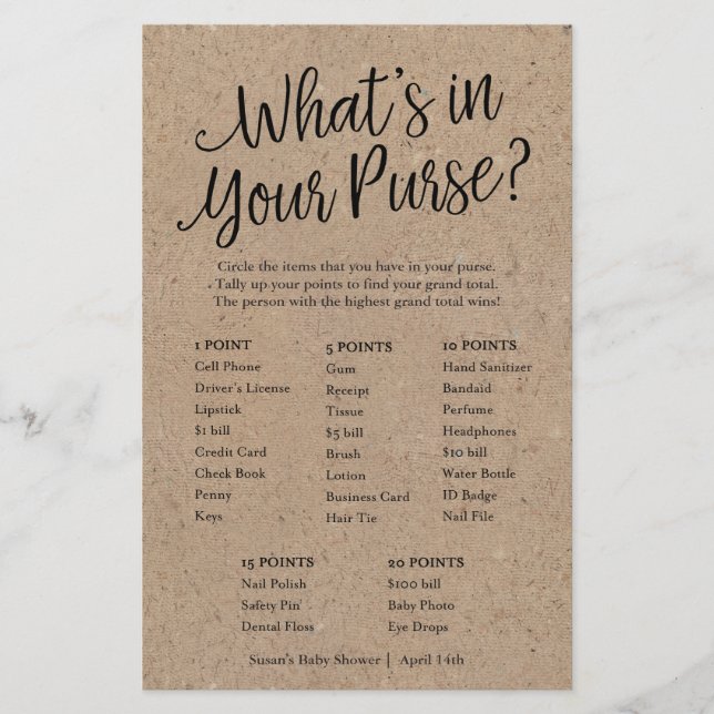 Kraft What's in Your Purse Baby shower Game Card (Devant)